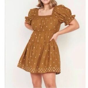 Old Navy Mustard Textured Puff-Sleeve Tiered Smocked Embroidered Mini Dress 4X